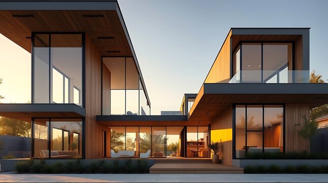 Ultra-realistic, detailed architectural rendering of a modern luxury home exterior, featuring expansive glass walls, sleek geometric lines, and natural wood accents, bathed in warm, golden hour sunlig