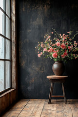 Jarrón decorativo con flores junto a un ventanal