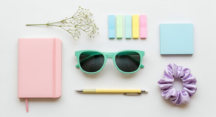 Colorful vector concept set of fashion accessories and school stationery tools on a blank notebook