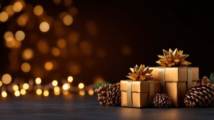 Elegant Golden Christmas Gifts and Pine Cones with Warm Bokeh Lights