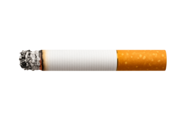 Burning cigarette with ash and glowing ember isolated on white