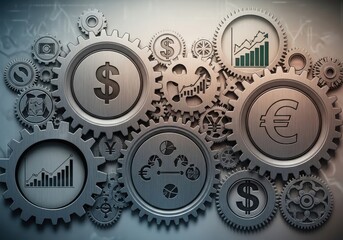 Financial gears with currency symbols and growth charts, illustrating the mechanics of economic systems and investment strategies