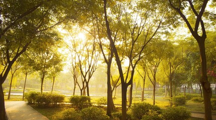 blurred. Tranquil park at sunset with warm golden hues, creating a peaceful natural landscape. inspiring travel planning, travel magazines, designed for travel destination branding.