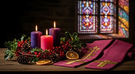 Gaudete Sunday Candles Lit Advent Wreath & Stained Glass Celebrating Joyful Third Sunday of Advent