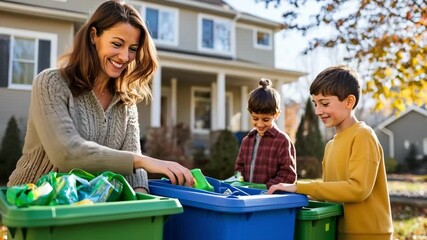 Happy family recycling together outside their home on a sunny autumn day.