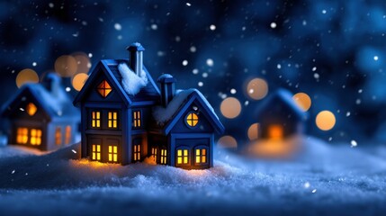 Fototapeta premium Magical Winter Night Village with Illuminated Snow-Covered Houses