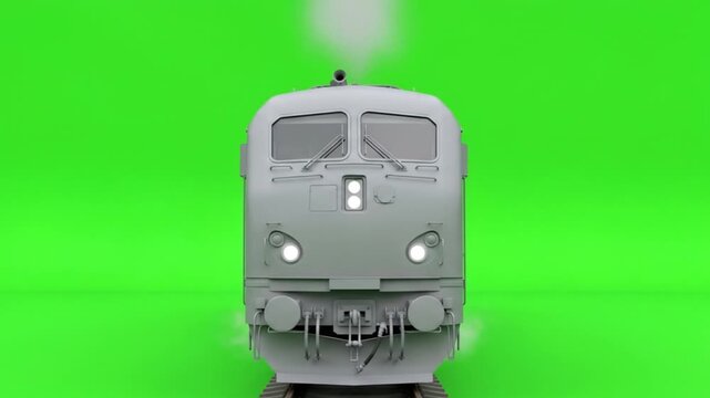 Realistic 3D model of a classic locomotive train moving forward with smoke, isolated on a green screen for chroma key compositing