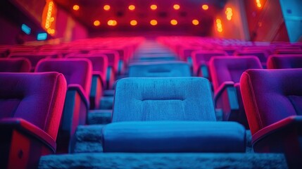 Obraz premium Empty movie theater rows, vibrant neon lighting