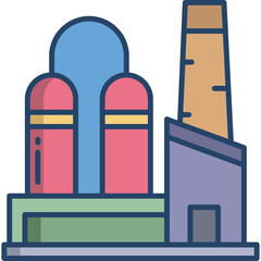 Industrial Building With Tall Chimney Red Silos Blue Dome Structure And Purple Building On Green Base With Blue Border Detailed Vector Illustration On Transparent Background