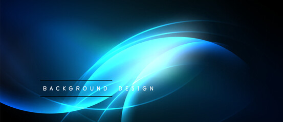 Dark blue abstract background. Bright glowing curves create dynamic visual effect. Modern design elements present.