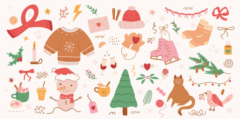 Retro vintage, concept winter, pattern, Fir tree, stars, dots, snow,  line drawing. Holiday design elements are isolated on pink background. Simple conceptfor winter season card, for  party, print  