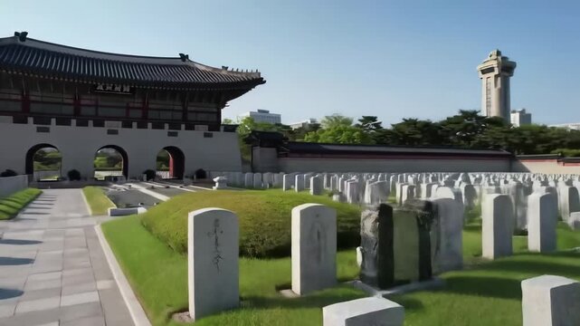 Rows of white tombstones lead to a traditional Korean gate under a bright blue sky
