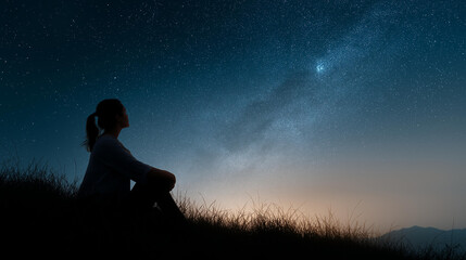 Fototapeta premium Woman silhouette gazing at night sky on hill, family unity in personal reflection, natural harmony with starry views, togetherness moments in solitude, cosmic peace