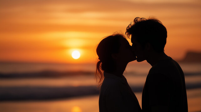 Romantic couple silhouette on beach at sunset, family unity in intimate bonds, natural harmony with ocean views, togetherness moments in serene love, kissing day peace