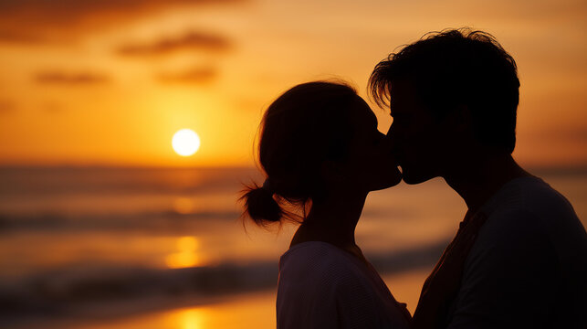 Romantic couple silhouette on beach at sunset, family unity in intimate bonds, natural harmony with ocean views, togetherness moments in serene love, kissing day peace - Powered by Adobe