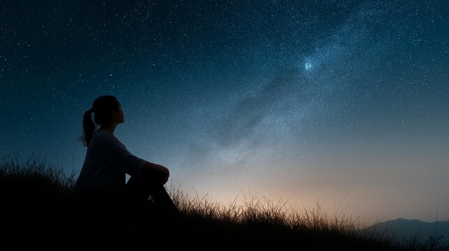 Woman silhouette gazing at night sky on hill, family unity in personal reflection, natural harmony with starry views, togetherness moments in solitude, cosmic peace - Powered by Adobe