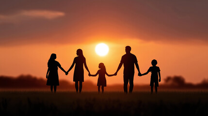 Family outline holding hands at sunset, family unity in global parents’ day, natural harmony with evening glow, togetherness moments in love and support, unity celebration