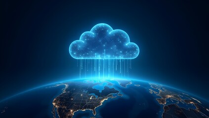 AI Generated Futuristic Cloud Computing Network Over Earth – Global Data Connection and Technology Concept