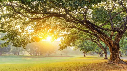 blurred. Tranquil park at sunset with warm golden hues, creating a peaceful natural landscape. inspiring travel planning, travel magazines, designed for travel destination branding.