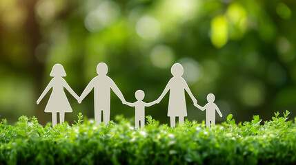 Family outline holding hands in a green garden, family unity in nature’s embrace, natural harmony with lush surroundings, togetherness moments in outdoor care, garden peace