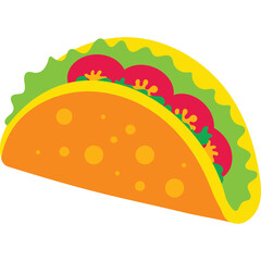 A vibrant yellow taco with an orange shell filled with fresh red tomatoes and crisp green lettuce against a clean background