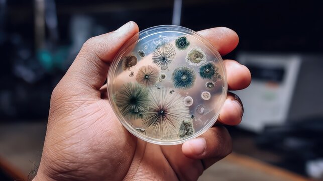 Close-up of a scientist wearing gloves examining a petri dish containing colorful microbial colonies in a laboratory setting.