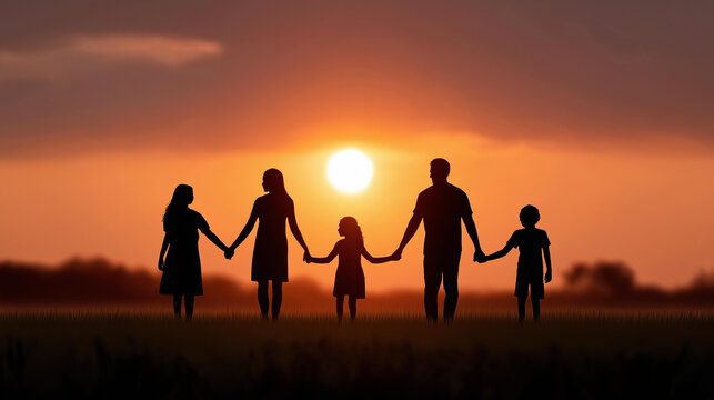 Family outline holding hands at sunset, family unity in global parents’ day, natural harmony with evening glow, togetherness moments in love and support, unity celebration - Powered by Adobe