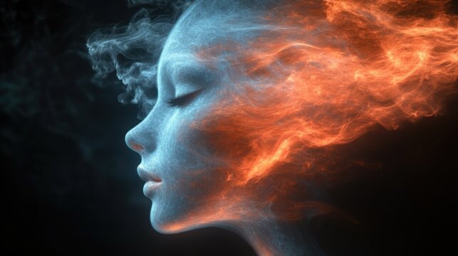 Female profile, smoke, fire, ethereal