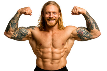 Muscular fit shirtless man with tattoos flexing biceps smiling, cut out transparent