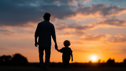 Father holding child’s hand at sunset, family unity in father’s day joy, natural harmony with evening light, togetherness moments in paternal bonds, holiday celebration