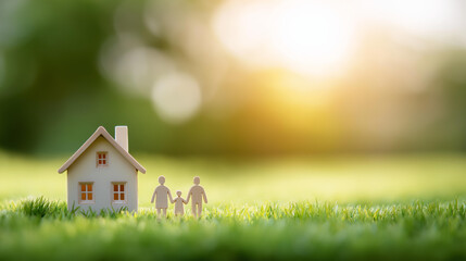 Miniature house and family on green grass, family unity in home love, natural harmony with warm sunlight, togetherness moments in cozy scenes, outdoor peace