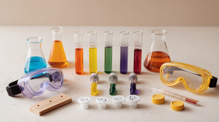 A collection of colorful chemistry lab equipment including test tubes, flasks, safety goggles, and a thermometer, arranged on a light background.