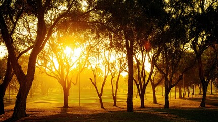 blurred. Tranquil park at sunset with warm golden hues, creating a peaceful natural landscape. inspiring travel planning, travel magazines, designed for travel destination branding.
