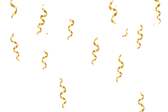 Golden confetti and ribbons falling against white background - Powered by Adobe