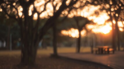 blurred. Tranquil park at sunset with warm golden hues, creating a peaceful natural landscape. inspiring travel planning, travel magazines, designed for travel destination branding.