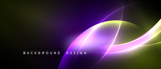 Abstract neon lights create flowing curves. Purple, green hues dominate dark background. Modern design element.