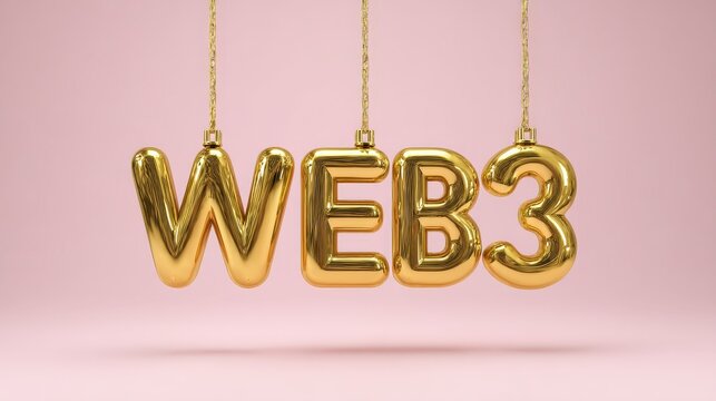 A shiny gold "WEB3" sign hangs from strings against a soft pink background, symbolizing the next generation of the internet.