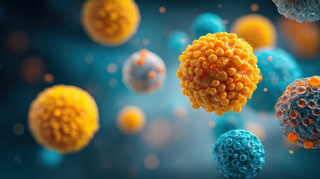 An abstract representation of colorful, spherical microscopic entities, resembling microorganisms, showcasing a vibrant, scientific theme. - Powered by Adobe