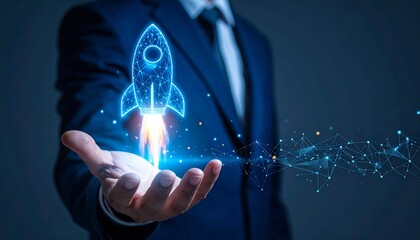 Businessman in suit holding holographic rocket launching from palm, glowing blue light and particles, symbolizing startup innovation and futuristic growth.