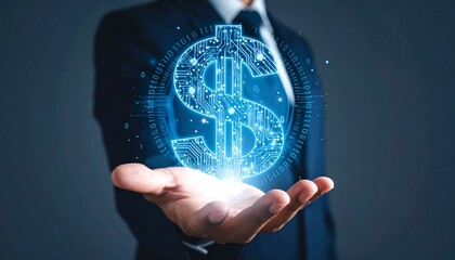 Businessman in suit holding glowing digital dollar sign above hand, surrounded by network lines and nodes, symbolizing fintech and modern financial systems.