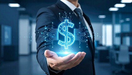 Businessman in suit holding glowing digital dollar sign above hand, surrounded by network lines and nodes, symbolizing fintech and modern financial systems.