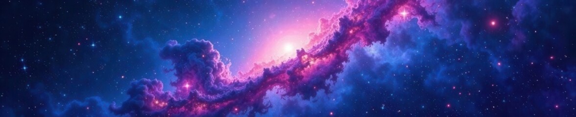 Cosmic blue & pink nebula, vibrant stars, realistic space  , red, discovery, depth