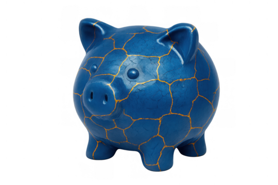 Blue piggy bank mending financial life, repairing broken savings, kintsugi art, economic recovery and resilience concept against transparent background