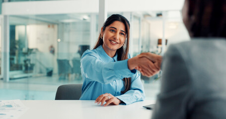 Woman, handshake and happy with hiring, welcome and recruitment process with deal at company....