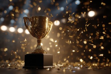 Shining winner trophy in warm lighting with confetti background