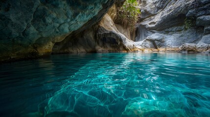 Calm turquoise water pool with limestone texture
