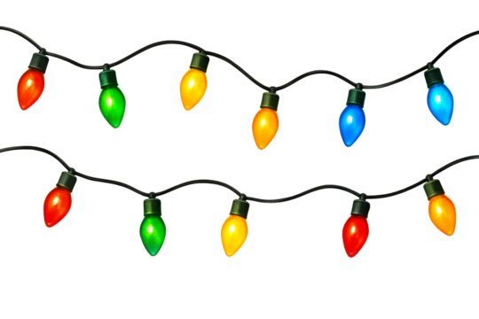Strings of Colorful Holiday Lights on White Background