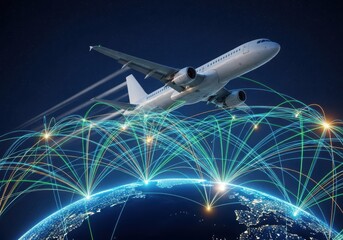 Modern airplane flying over the globe with a network of connections representing global business and international transportation