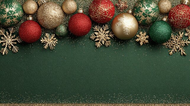 Elegant green christmas background with red and gold ornaments luxury holiday backdrop for new year celebrations