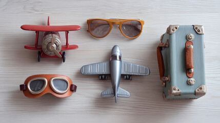 Overhead shot of travel-themed objects, including a suitcase, airplanes, and sunglasses.